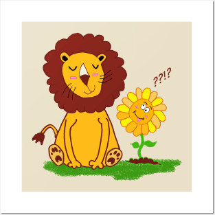 Puzzled Cute Lion with Funny Sunflower Posters and Art